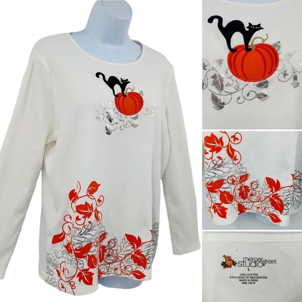 Mercer Street Black Cat and Pumpkin Long Sleeve Thick Knit Shirt Sz. L